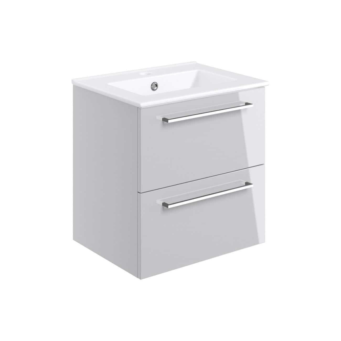 Sleek white bathroom vanity with integrated sink and modern chrome handles, perfect for contemporary bathrooms. Provides ample storage space with two drawers for organising bathroom essentials.