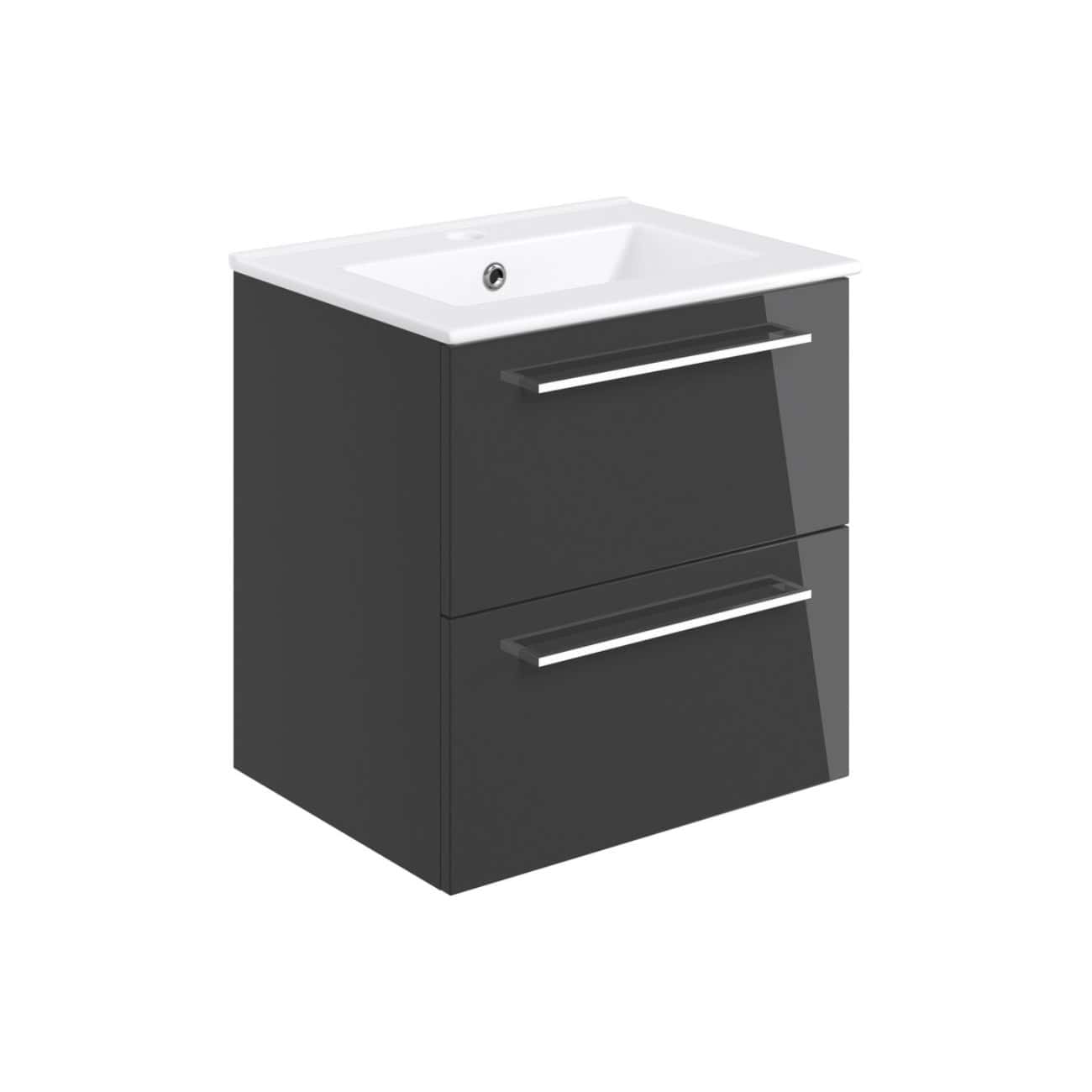 Sleek modern bathroom vanity unit with integrated sink, dark grey finish, chrome handles, and storage drawers, perfect for contemporary bathroom designs.
