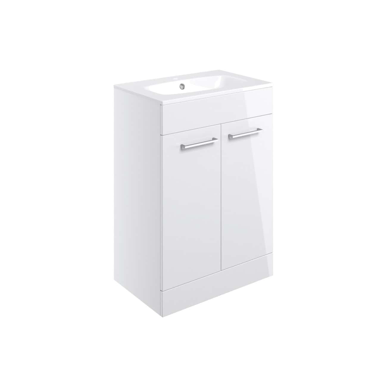 Bright white bathroom vanity with integrated sink and sleek silver handles, perfect for modern bathroom decor and storage.