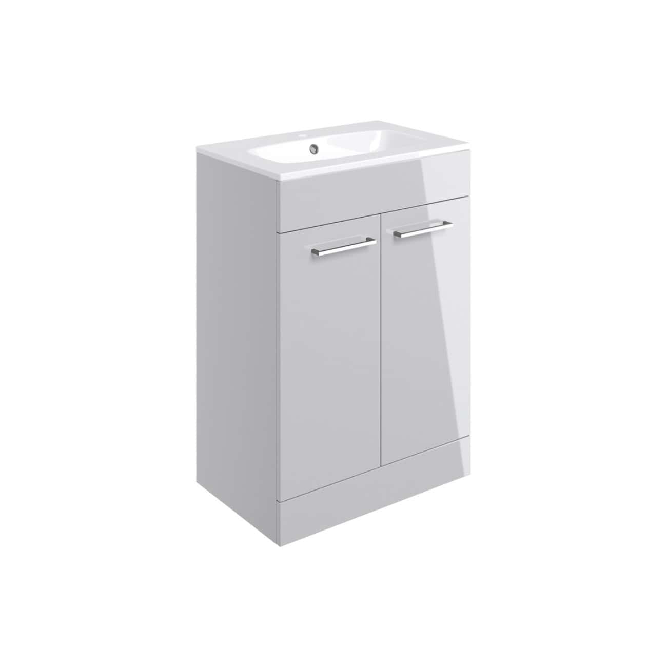White bathroom vanity unit with integrated sink and modern chrome handles, ideal for contemporary bathroom designs in the UK, offers storage space and sleek style.