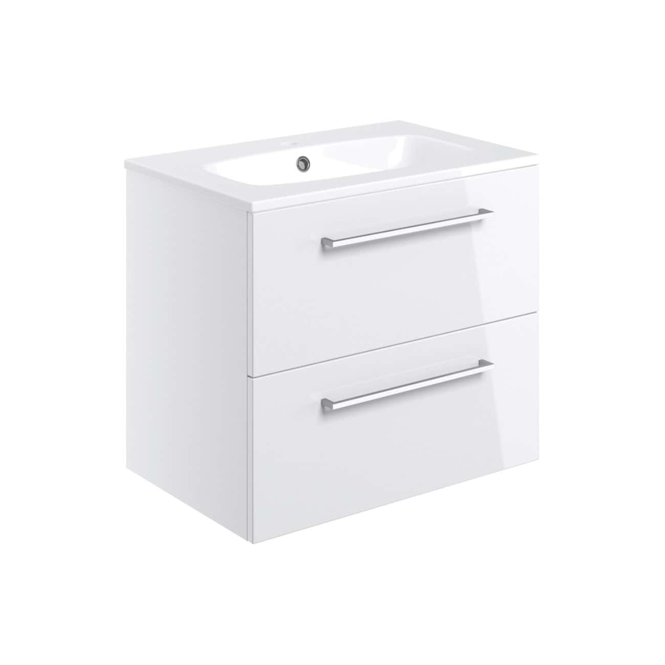 Modern white bathroom vanity with integrated sink and chrome handles, ideal for contemporary bathroom designs. Perfect for storage and style enhancement in UK bathrooms.