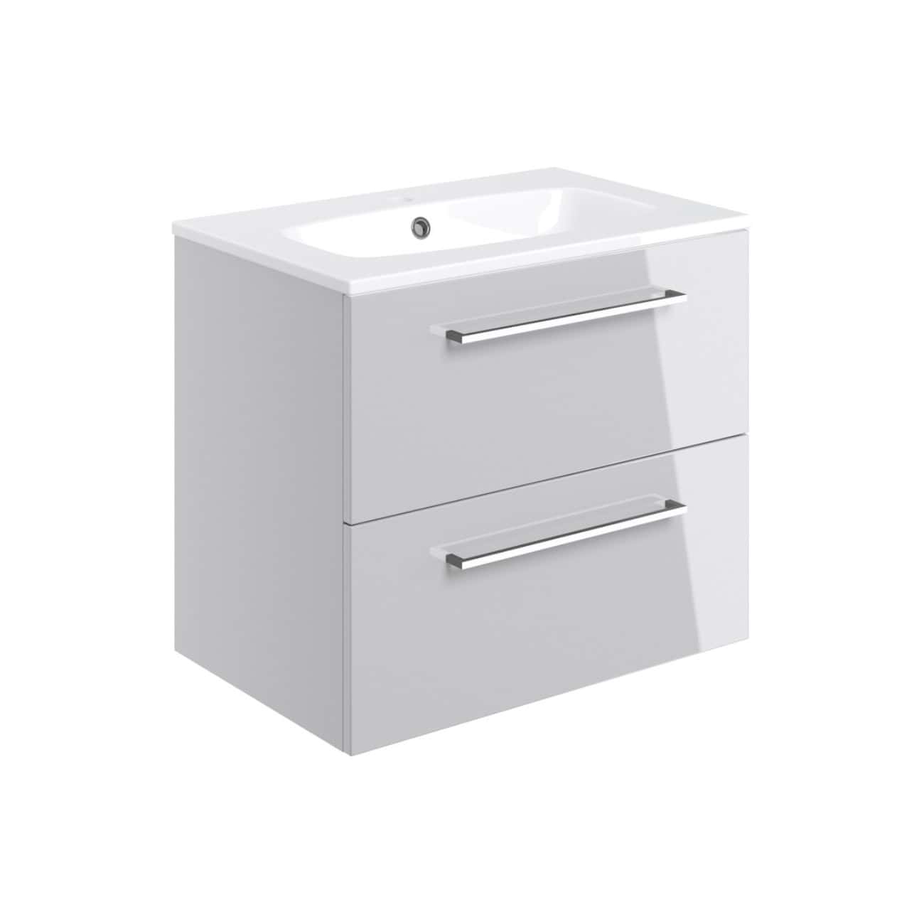 Modern white bathroom vanity with integrated ceramic sink and chrome handles, ideal for contemporary bathroom designs.