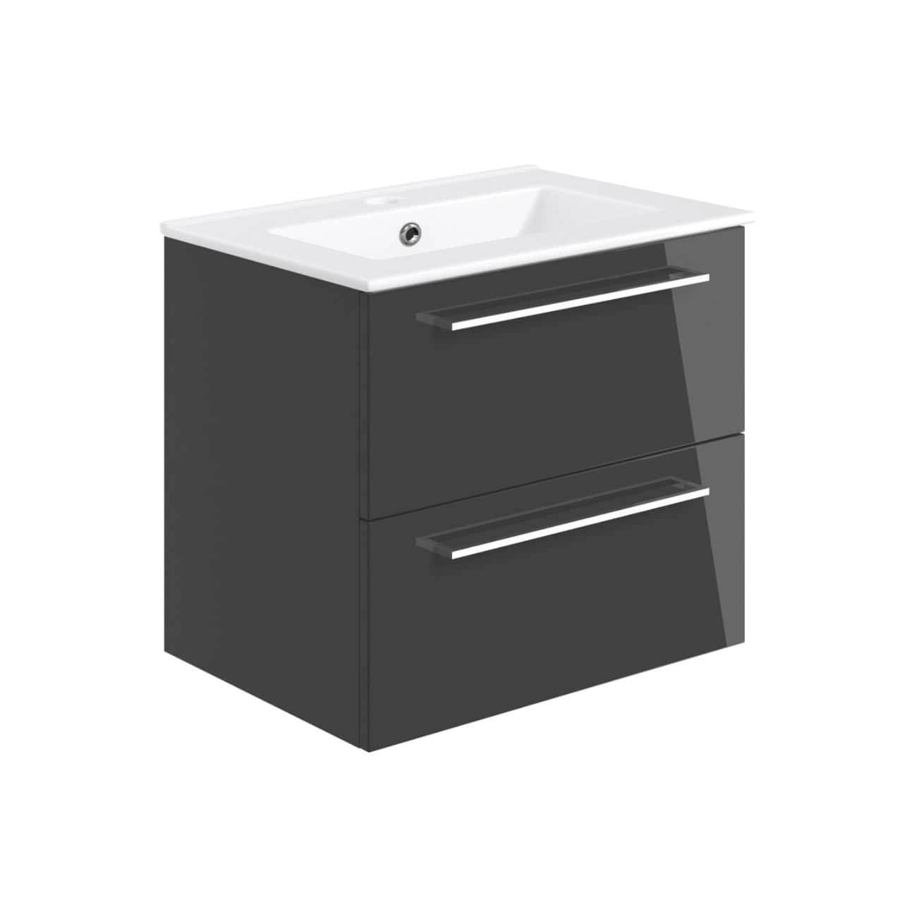 Modern grey bathroom vanity unit with integrated sink and sleek chrome handles, perfect for contemporary bathroom decor. Durable and stylish storage solution from Bubly Bathrooms.