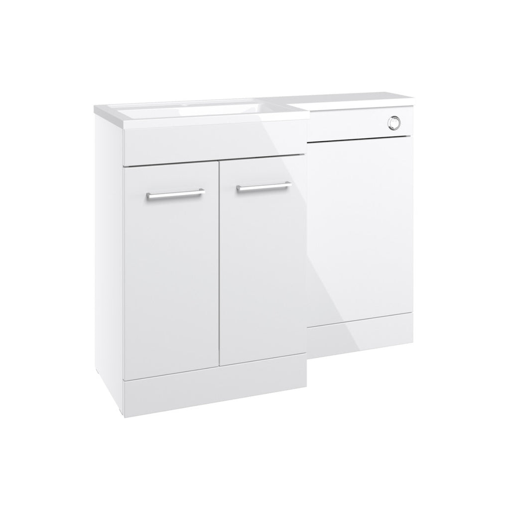 Bright white bathroom vanity with integrated sink and storage cabinets, ideal for modern bathroom renovation and space-saving solutions. Sleek design with chrome handles and durable finish.