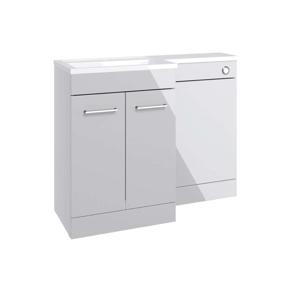 Modern white bathroom vanity with double cabinets and integrated sink, perfect for contemporary bathroom designs. Durable, sleek storage solution for bathroom essentials.