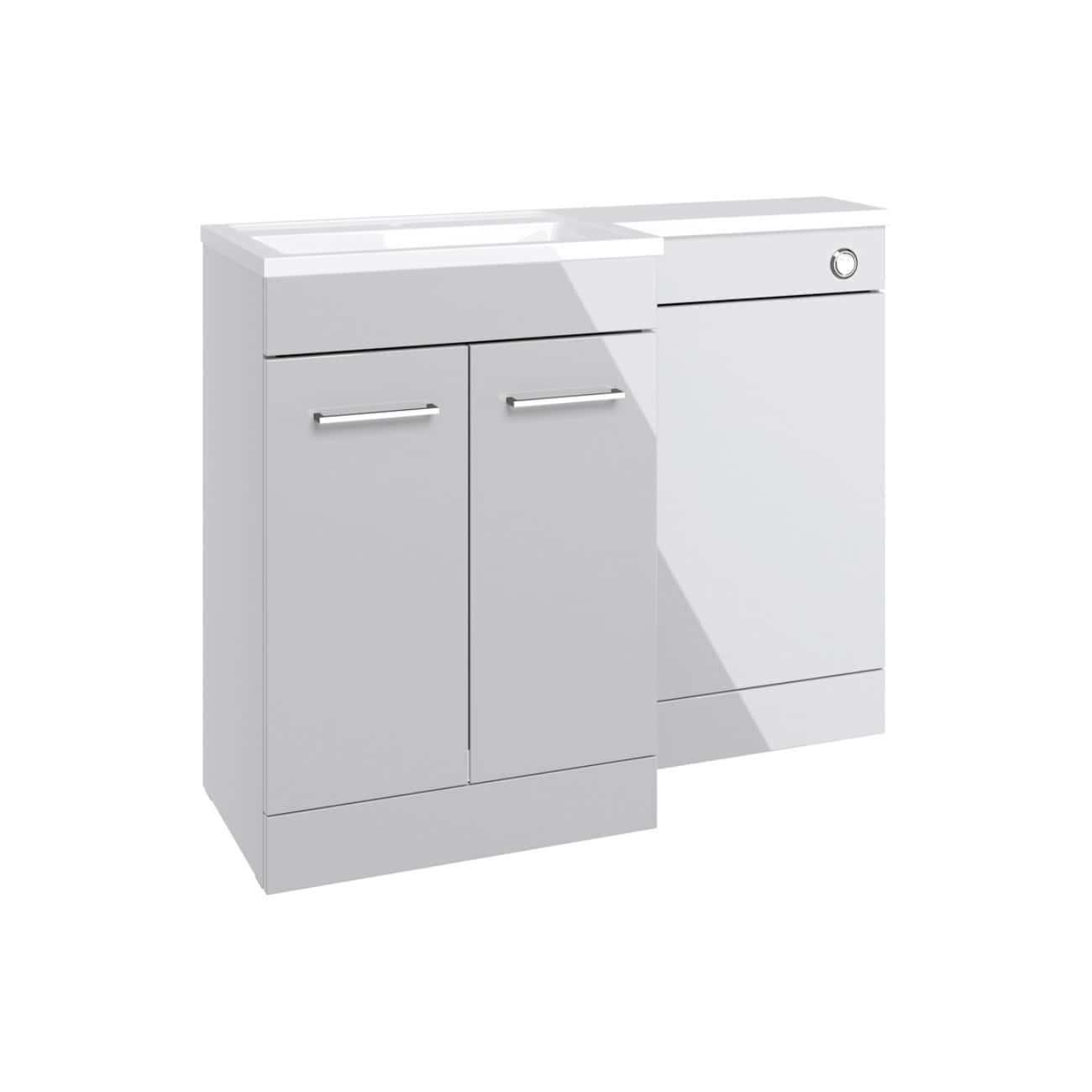 Modern white bathroom vanity with double cabinets and integrated sink, perfect for contemporary bathroom designs. Durable, sleek storage solution for bathroom essentials.
