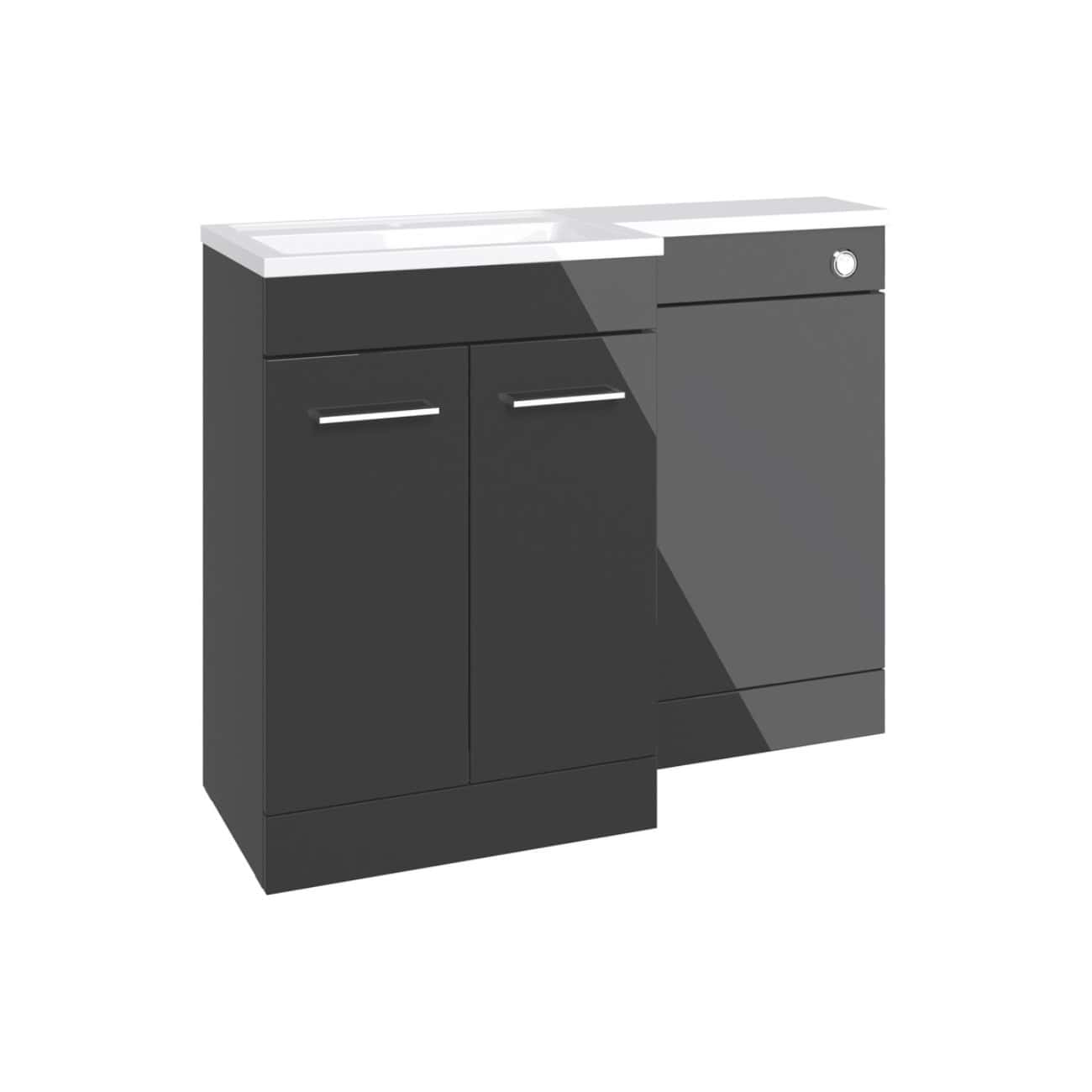 Chrome bathroom vanity with integrated sink and storage drawers for modern bathroom design.