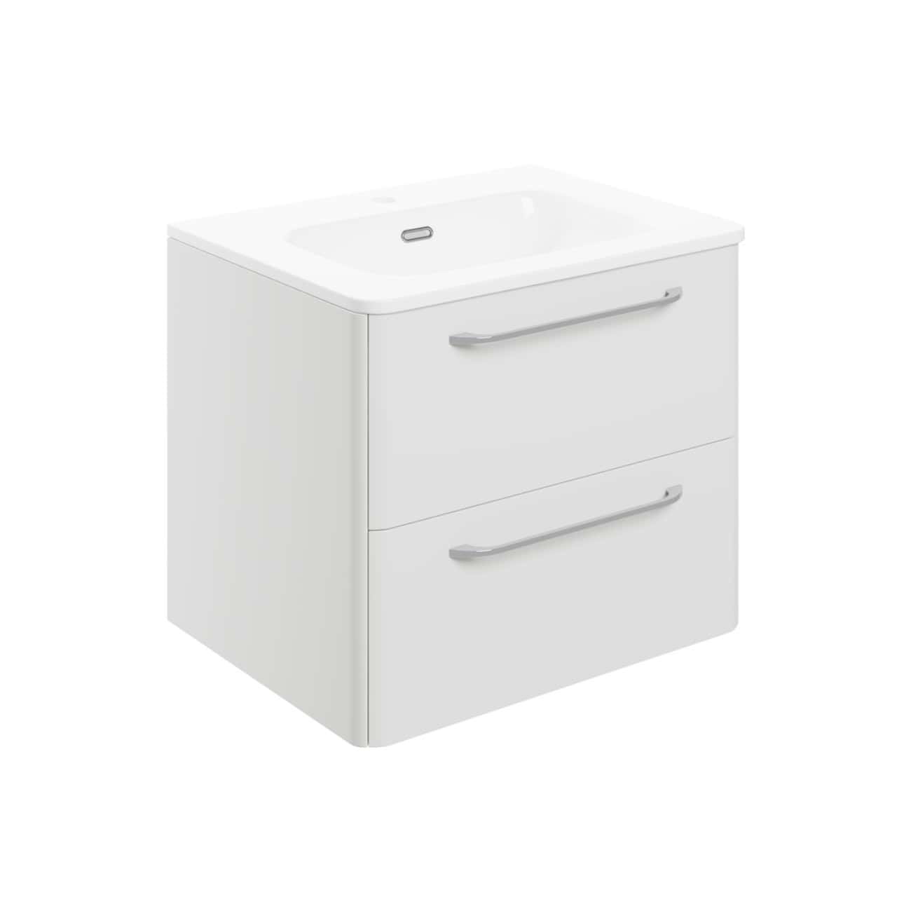 White bathroom vanity unit with integrated sink and two drawers, modern design, ideal for contemporary bathrooms. Durable, space-saving storage solution with sleek chrome handles.