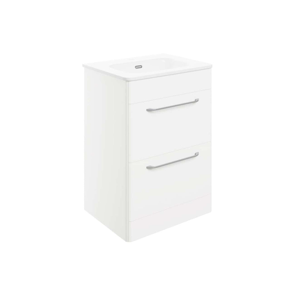 Sleek white bathroom vanity with integrated sink and chrome handles, ideal for modern bathroom designs. Durable, space-saving storage solution for your bathroom essentials.