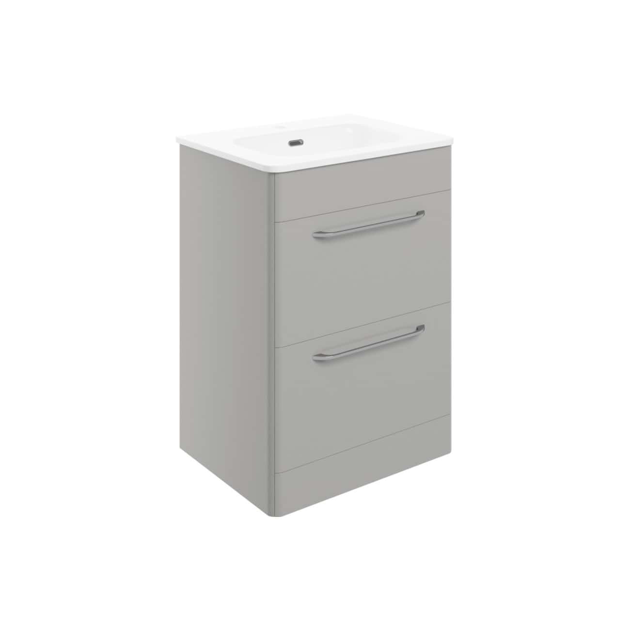 Modern grey bathroom cabinet with integrated sink, featuring sleek handles for stylish bathroom storage solutions. Ideal for contemporary bathroom interiors.