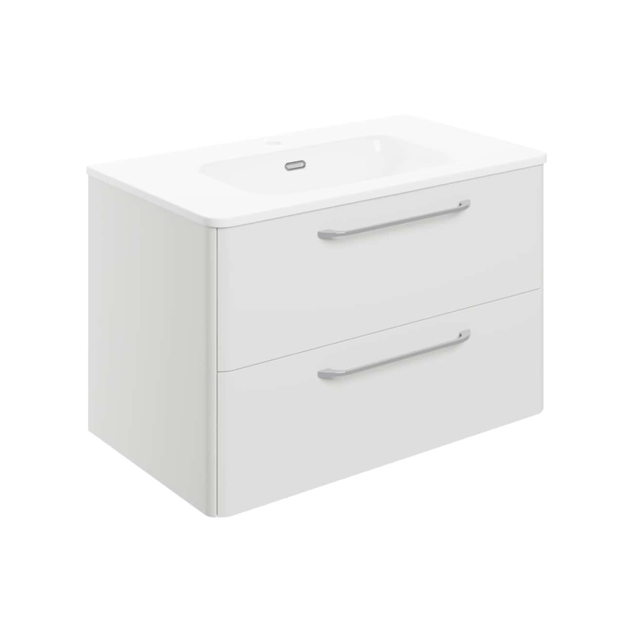 Modern white bathroom vanity with integrated sink and sleek silver handles, ideal for contemporary bathroom designs. Perfect storage solution for bathroom essentials with clean, minimalist aesthetics.