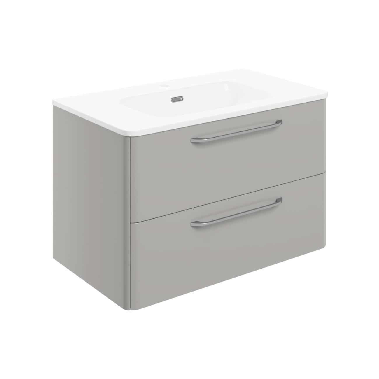 Sleek grey bathroom vanity unit with integrated sink, featuring two spacious drawers with modern handles for organised bathroom storage. Perfect for contemporary bathroom designs.
