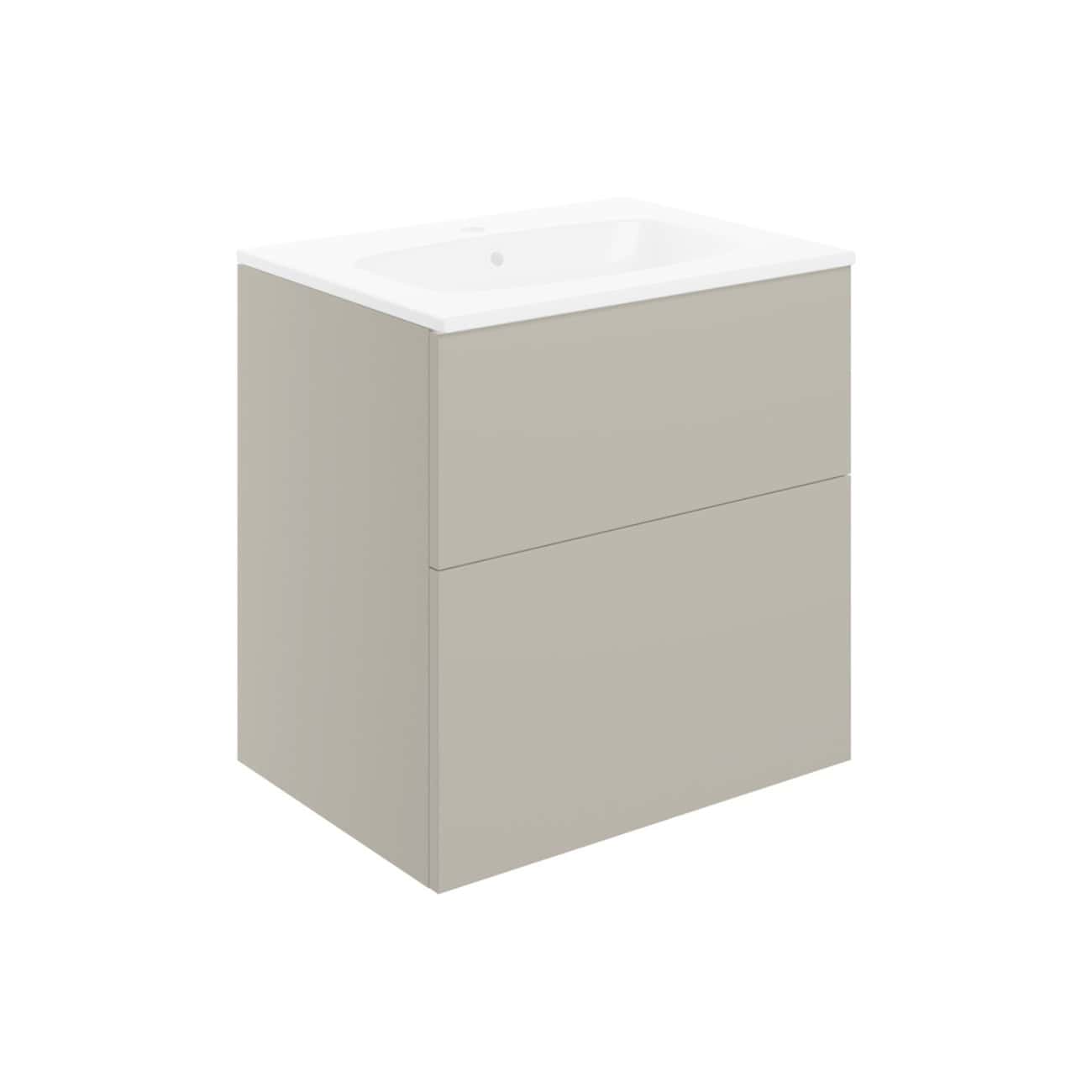 Sleek beige bathroom vanity with integrated white sink, providing modern storage solution for contemporary bathrooms. Perfect for minimalist bathroom designs and practical daily use.