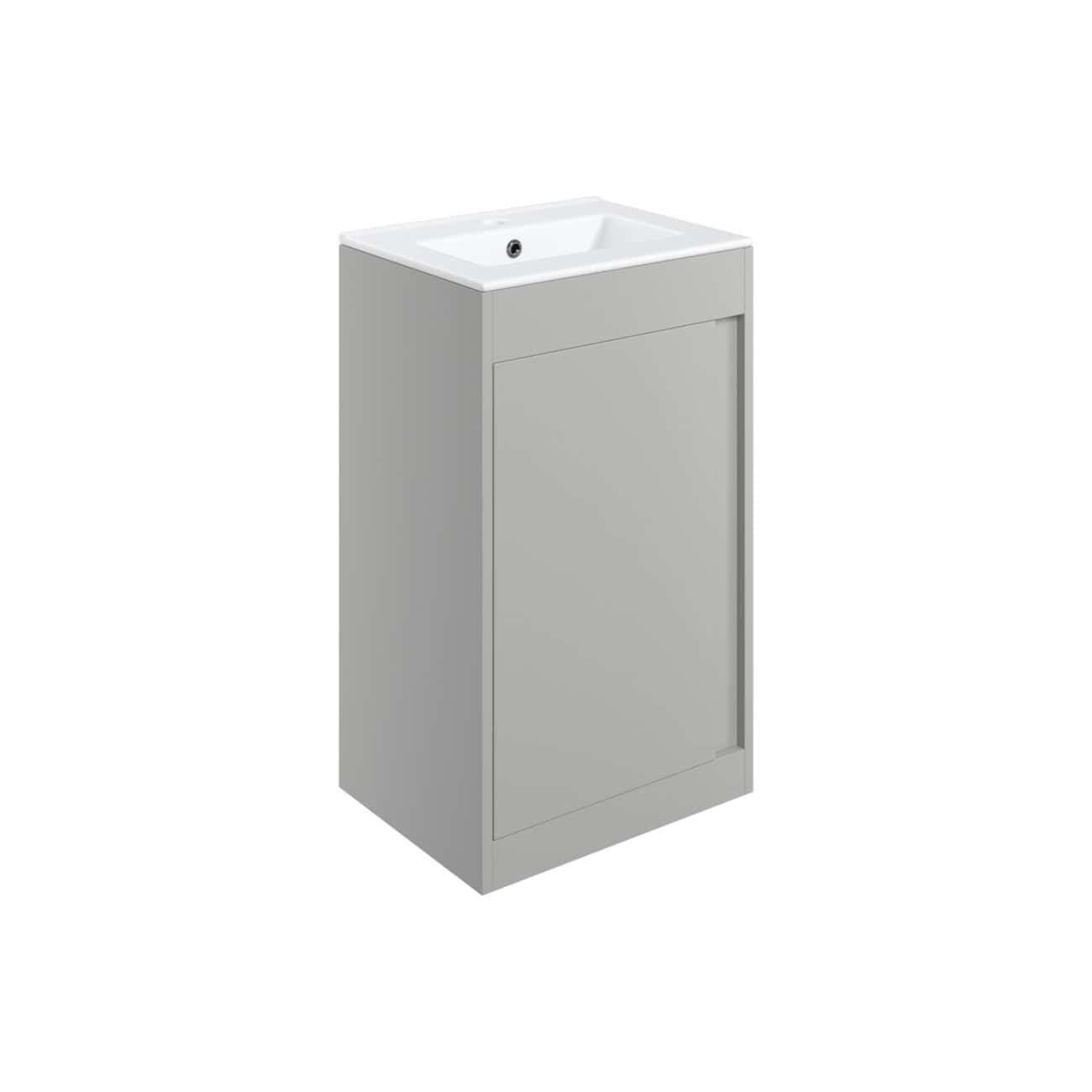 Sleek grey bathroom vanity with integrated sink and storage cabinet, ideal for modern bathroom remodels and space-saving solutions, perfect for contemporary bathroom designs.