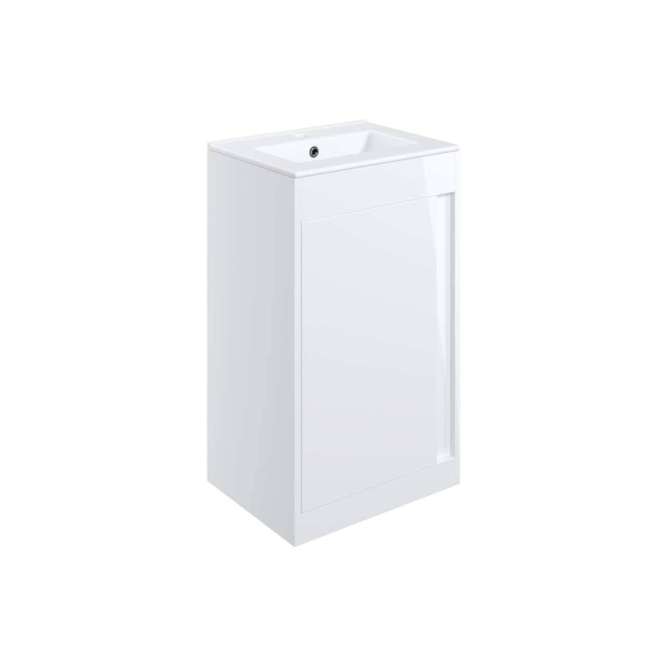 Modern white bathroom vanity with integrated sink and storage cabinet, ideal for contemporary bathroom designs. Durable, sleek, and space-efficient fixture for elegant bathroom upgrades.