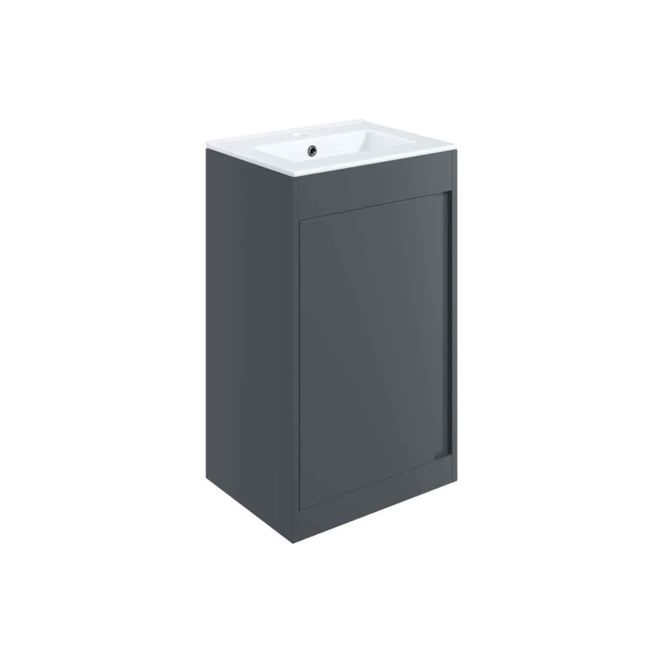 Modern grey bathroom vanity cabinet with integrated sink, perfect for contemporary wet room designs. Durable and sleek, ideal for upgrading bathroom storage and washbasin areas.