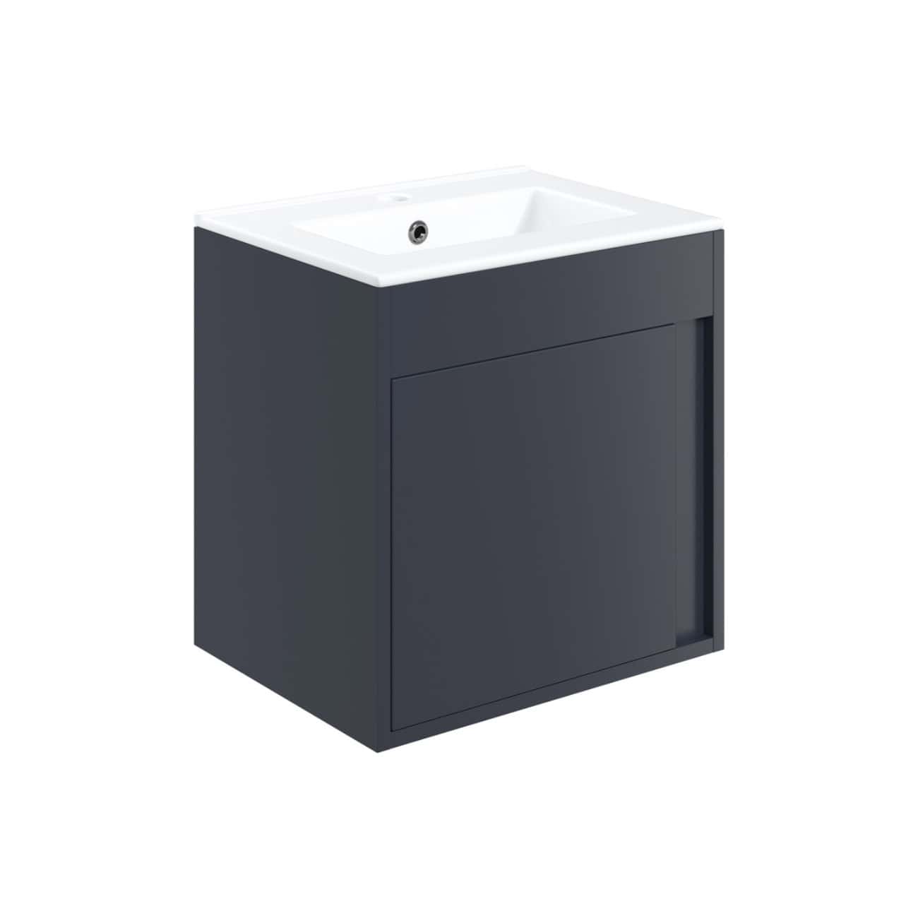 Contemporary bathroom vanity unit with integrated basin in dark grey finish, perfect for modern bathrooms and washrooms. Features storage cabinet and sleek design for stylish organisation.
