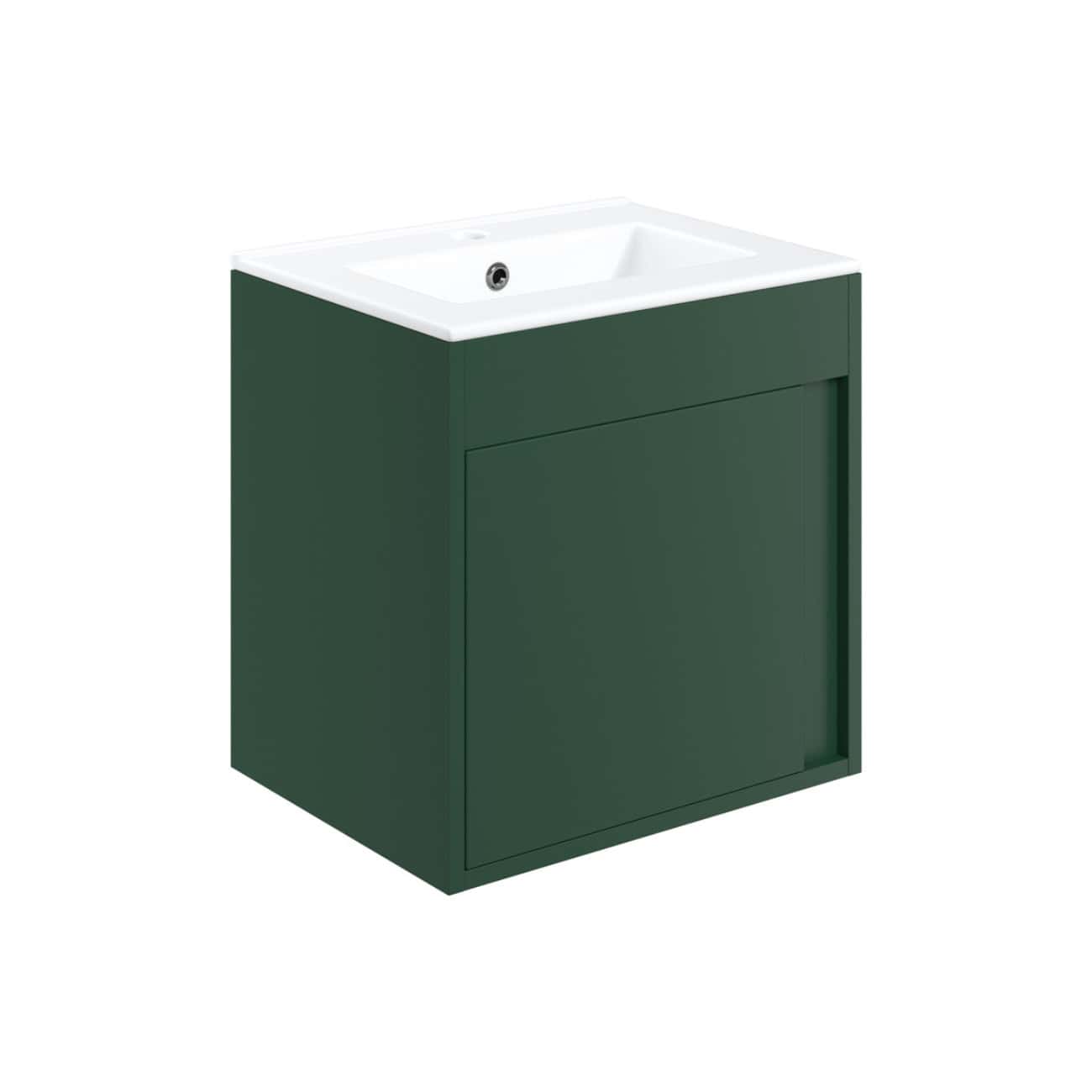 Sustainable green bathroom vanity with integrated sink and storage cabinet, ideal for modern bathroom designs and space-saving solutions.