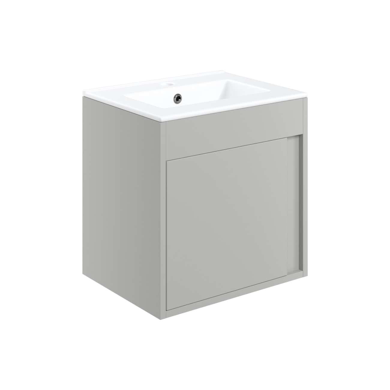 Modern grey bathroom vanity unit with integrated sink and storage cabinet, sleek design, ideal for contemporary bathrooms. Perfect for organised, stylish bathroom spaces.