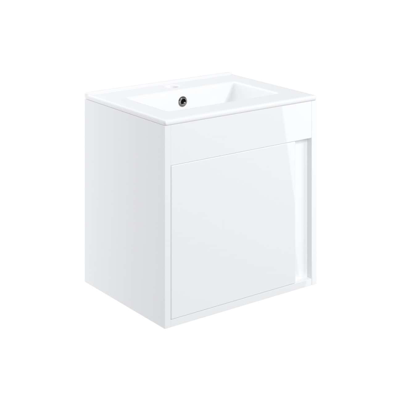 Modern white bathroom vanity with integrated sink, ideal for contemporary bathroom designs, featuring sleek minimalistic storage and durable ceramic top.
