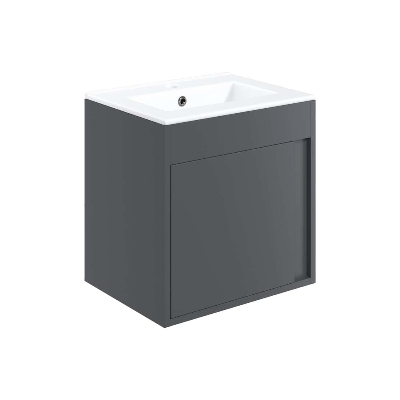 Modern grey bathroom vanity with integrated sink and storage cabinet, ideal for contemporary bathroom remodels and optimising space. Suitable for stylish bathroom décor.