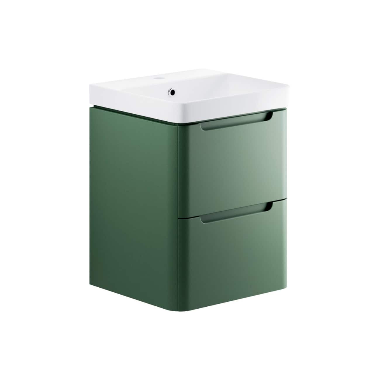 Sustainable green bathroom storage cabinet with integrated sink, modern design, ideal for contemporary bathroom interiors, includes two drawers for organisation.