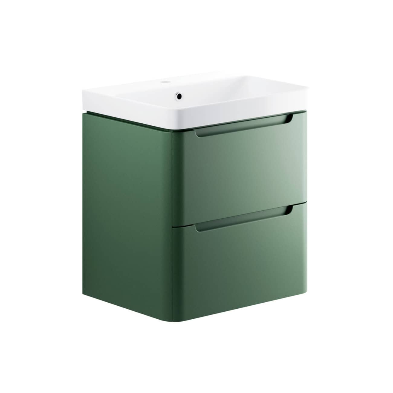 Modern green bathroom vanity with integrated drawers and a white ceramic sink, ideal for contemporary bathroom designs and efficient storage solutions.