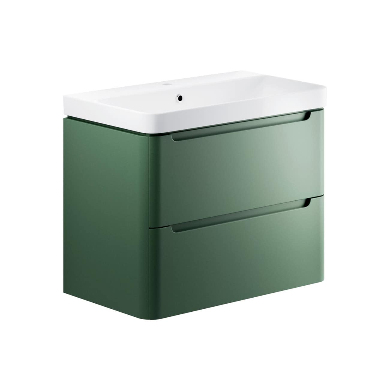 Sleek green bathroom vanity with integrated white ceramic sink, featuring modern design and storage drawers, perfect for contemporary bathroom interior upgrades.