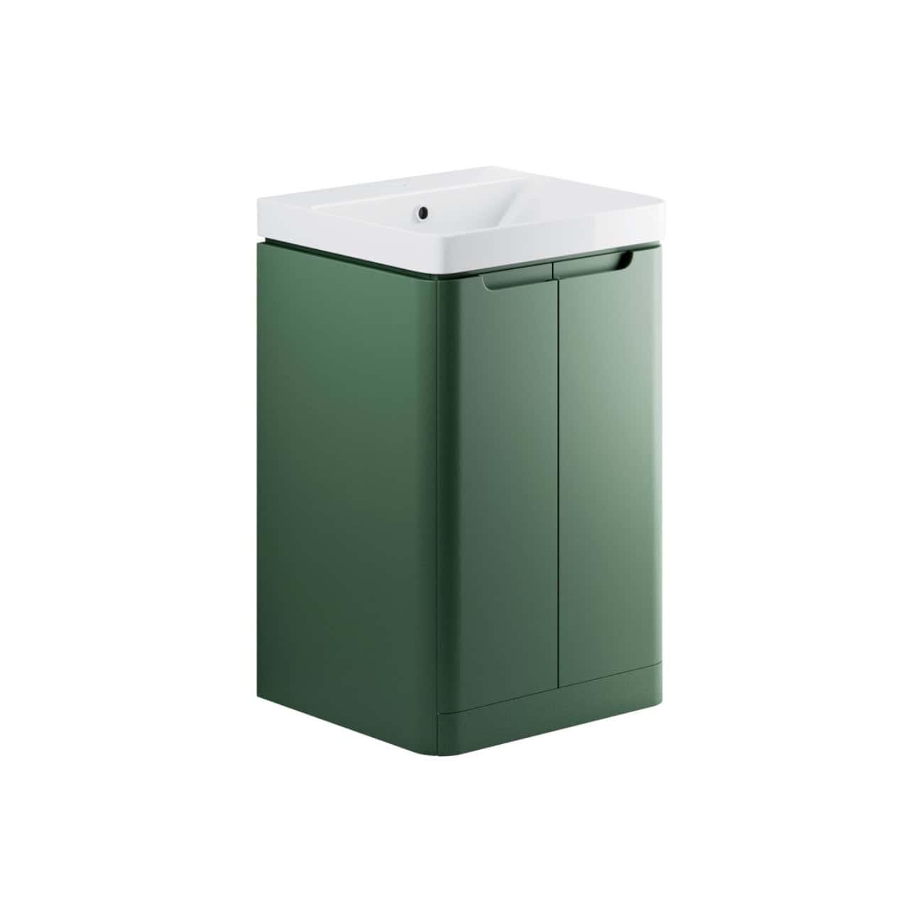 Sustainable bathroom vanity unit with integrated basin, finished in stylish forest green, ideal for modern eco-friendly bathroom designs.