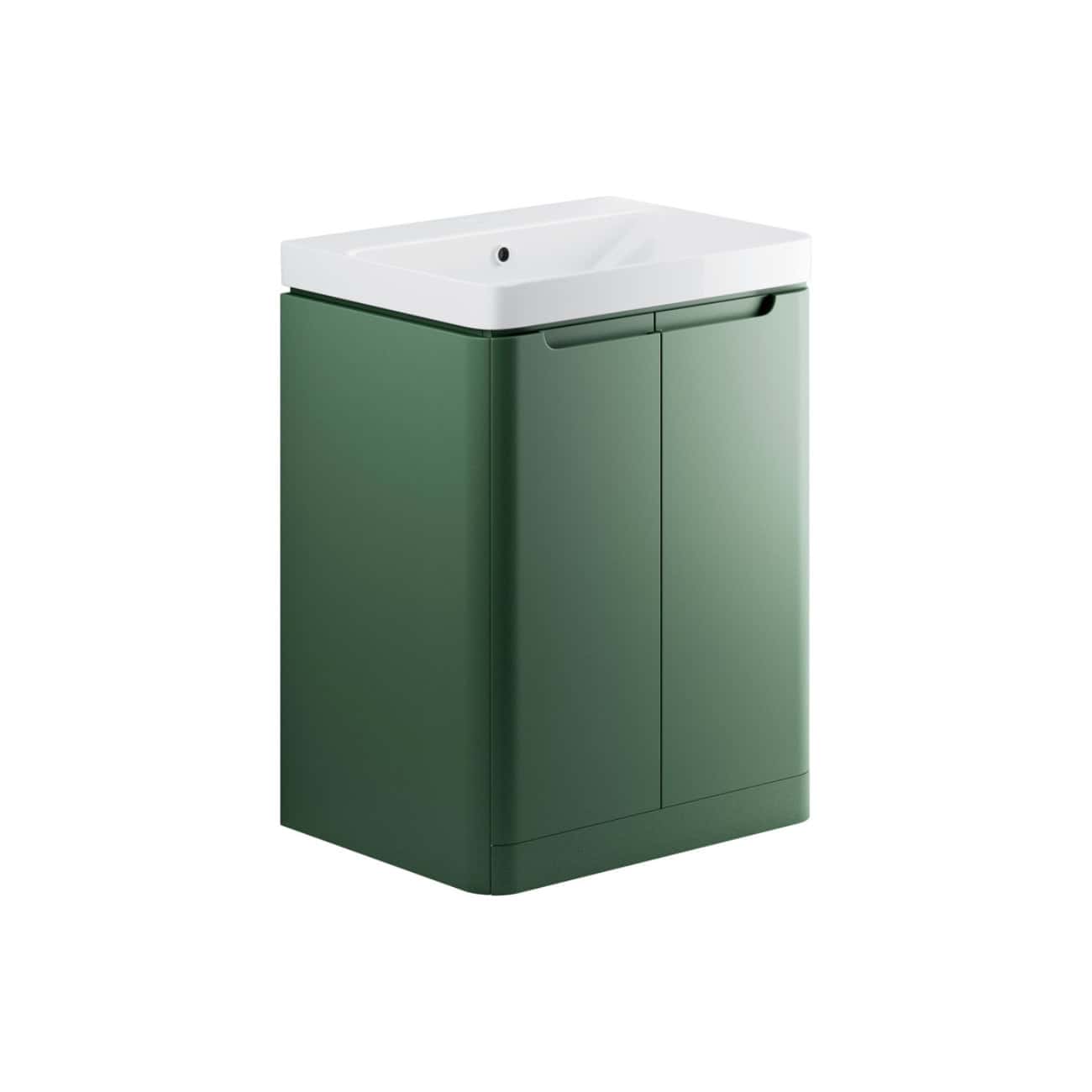 S Style bathroom cabinet with integrated sink, green exterior, modern design, space-saving storage solution, ideal for contemporary bathrooms.