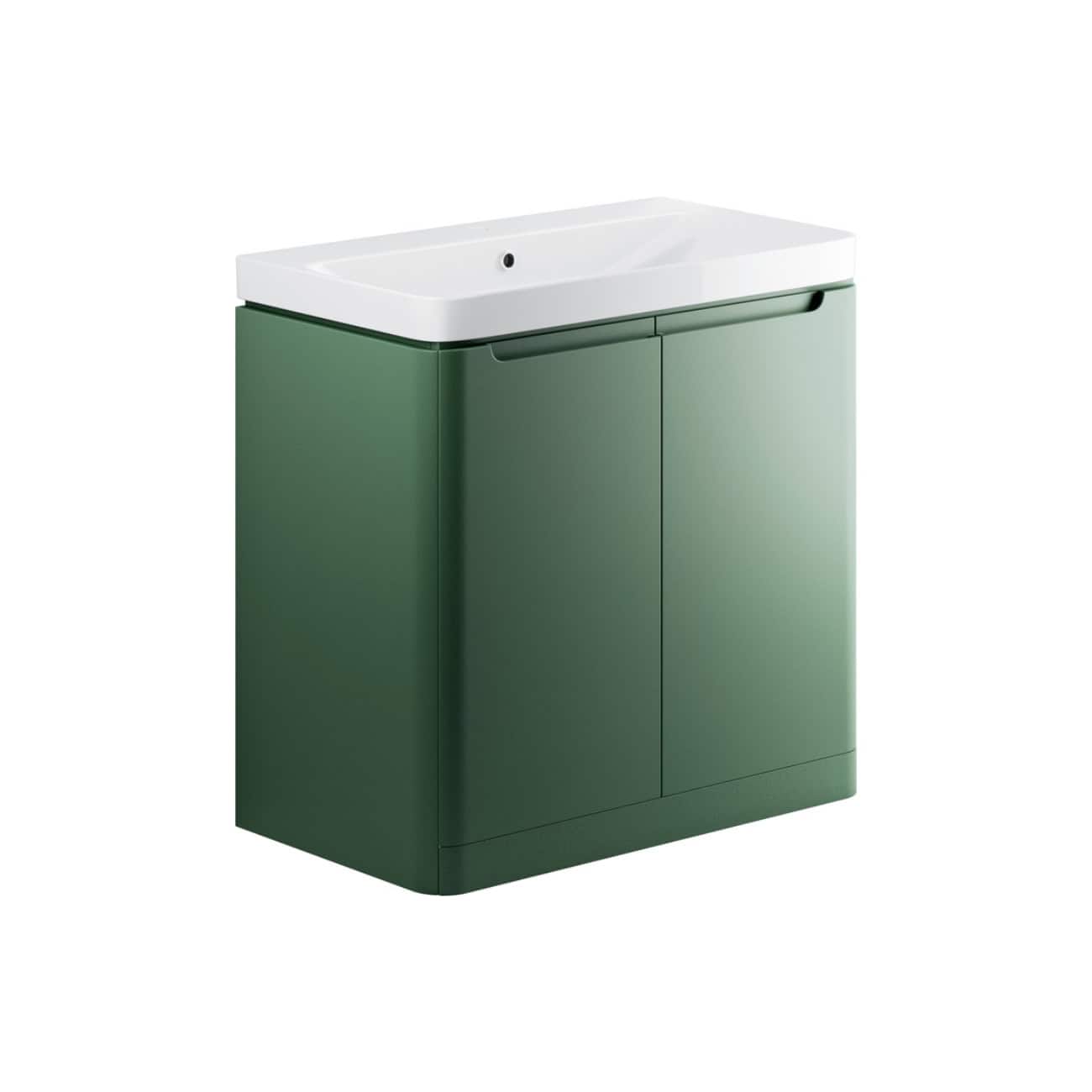 Modern green bathroom vanity with integrated sink and storage cabinets, perfect for contemporary bathroom designs. Clean lines and sleek finish for a stylish and functional space.