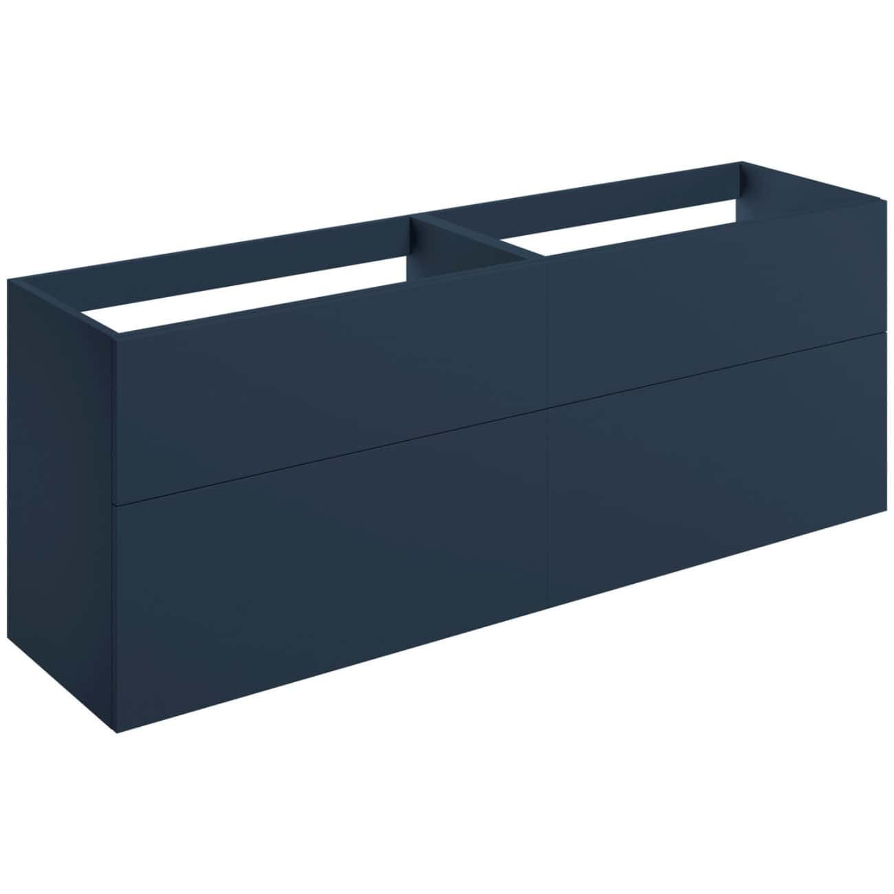 Contemporary navy blue bathroom vanity unit with sleek drawers, ideal for modern bathrooms and storage solutions. Bonus open shelving for easy access to essentials.