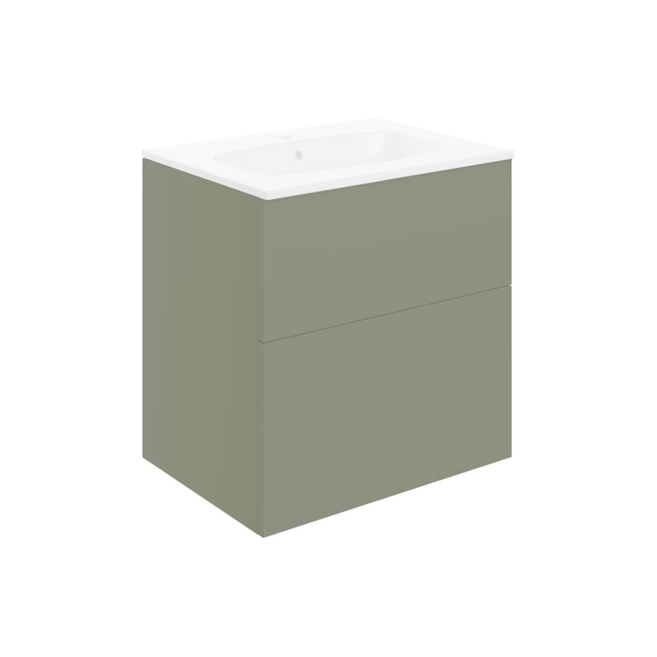 Modern grey bathroom vanity with integrated sink, minimalist design, and sleek storage drawers for contemporary bathroom organisation.