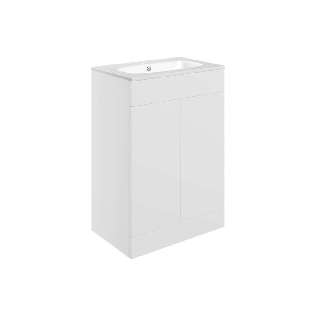 Sleek white bathroom vanity with integrated basin, modern storage cabinet, ideal for contemporary bathrooms and washrooms. Features minimalist design, durable materials, and space-efficient layout.