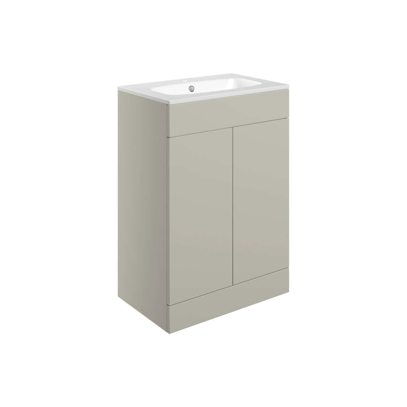 Modern beige bathroom vanity with integrated sink, sleek cabinet design, ideal for contemporary bathroom interiors. Perfect for stylish and functional bathroom storage solutions.