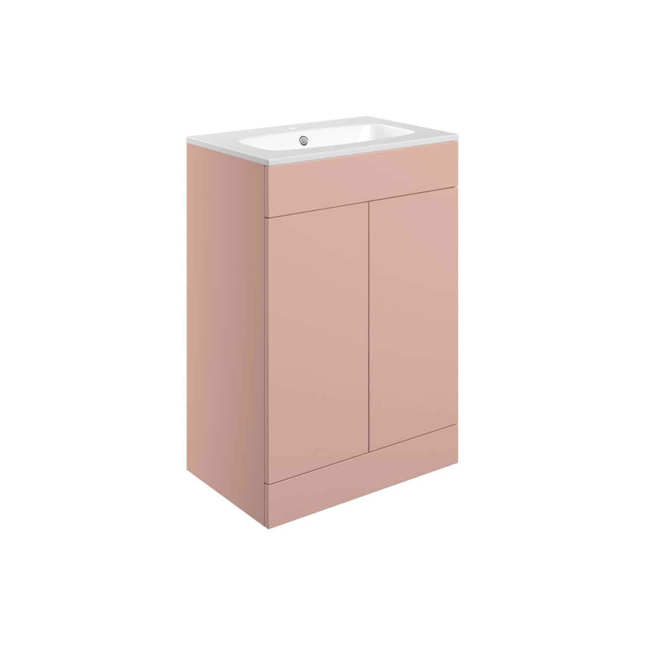 Sleek pink bathroom vanity with integrated sink and cabinet storage, perfect for modern bathroom decor. Durable material and minimalist design ideal for contemporary bathroom remodels.