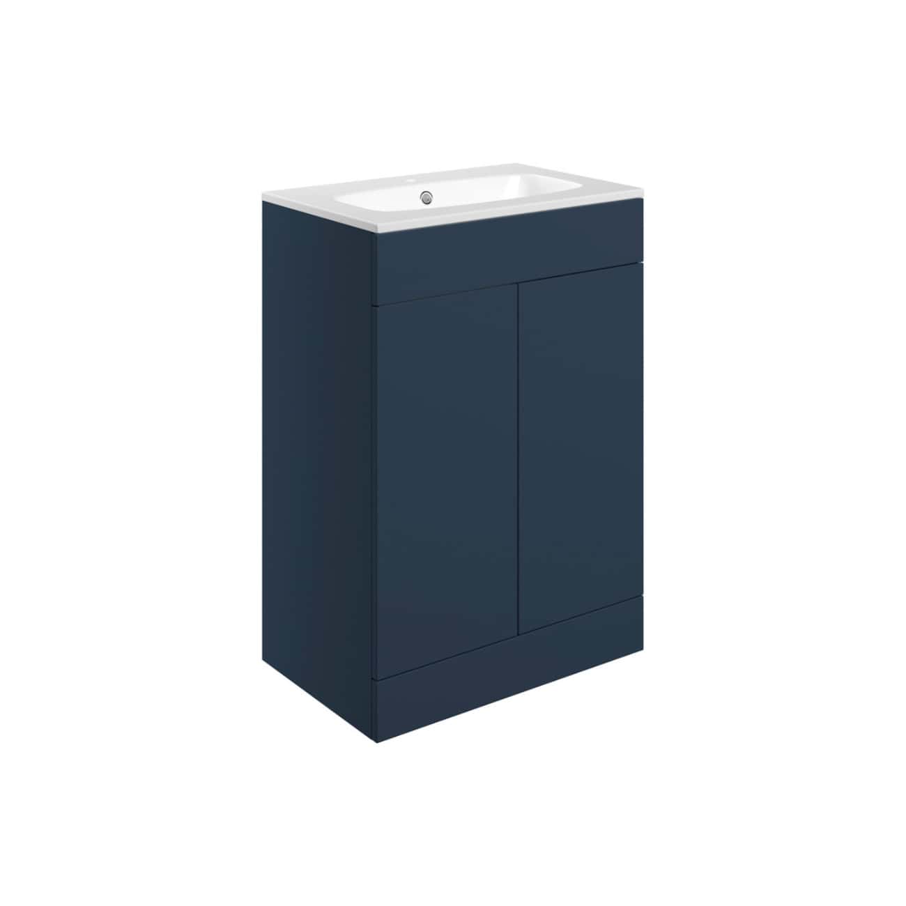 Contemporary navy bathroom cabinet with integrated sink, ideal for modern bathroom decor and storage solutions. Featuring a sleek design perfect for space-efficient bathroom organisation.