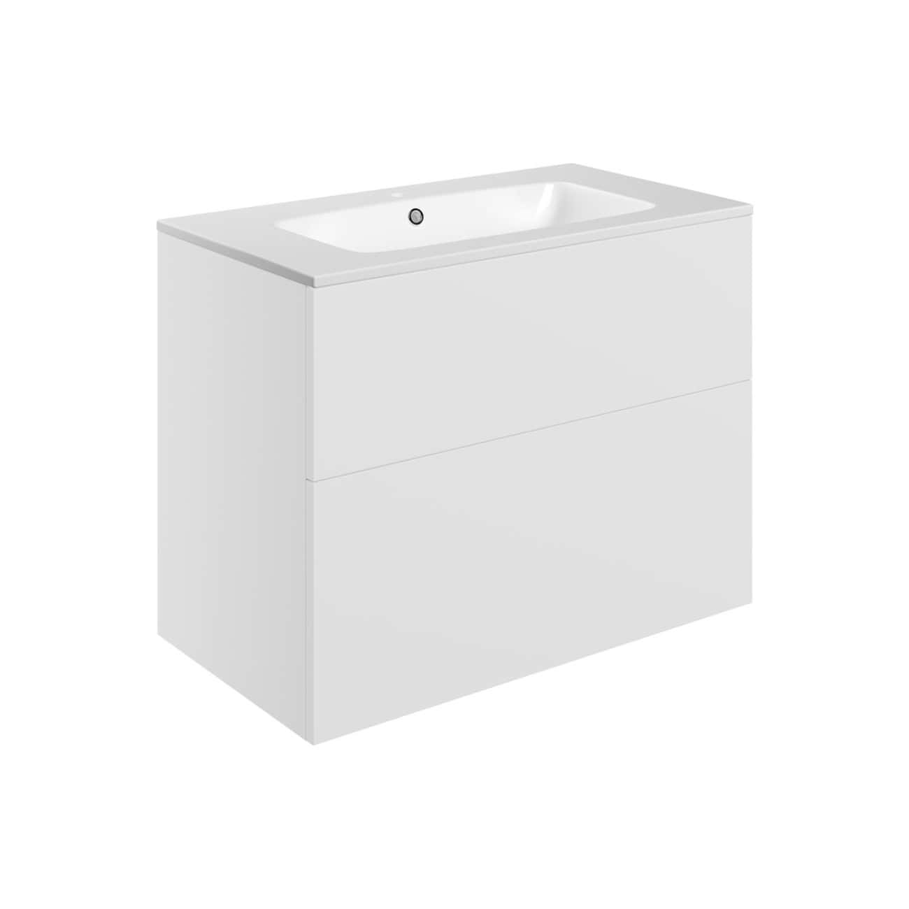 White modern bathroom vanity unit with integrated sink, sleek design, minimalist storage, ideal for contemporary bathrooms. Suitable for storing toiletries and enhancing bathroom aesthetics.