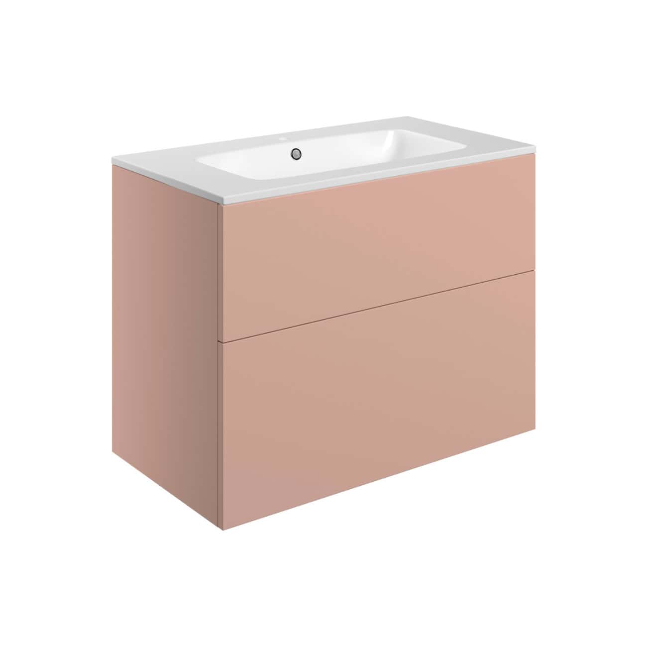 Sleek pastel pink bathroom vanity with integrated ceramic sink, modern minimalist design, suitable for contemporary bathrooms, ample storage drawers for organisation, high-quality materials.