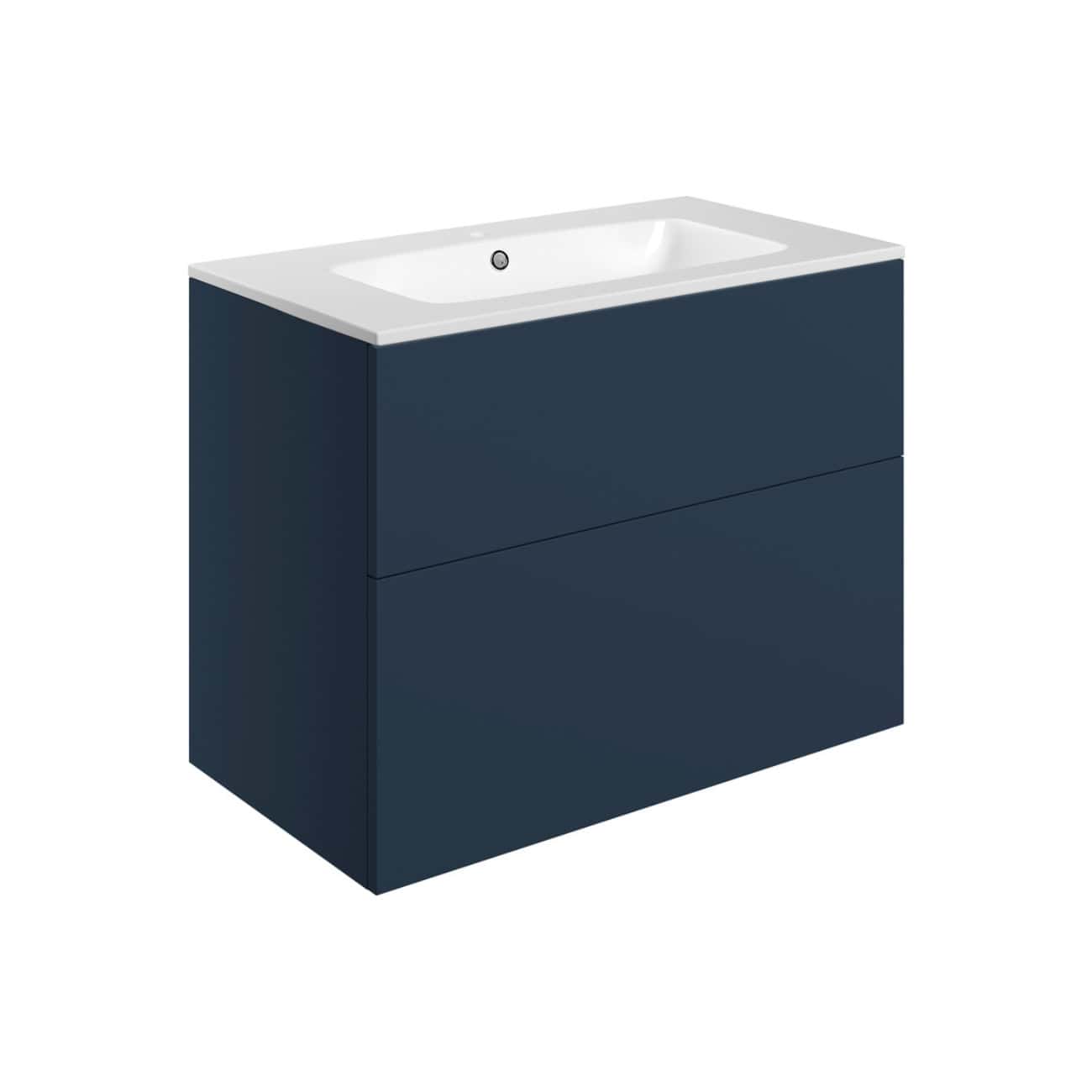 Modern blue bathroom vanity with integrated sink and sleek storage drawers, ideal for contemporary bathroom design. Perfect for enhancing storage and style in your bathroom space.