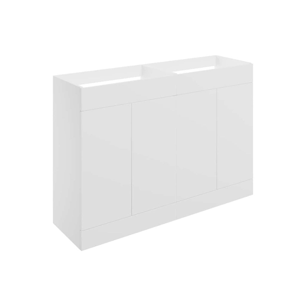 White bathroom vanity unit with integrated sinks and minimalist design for elegant bathroom storage solutions.