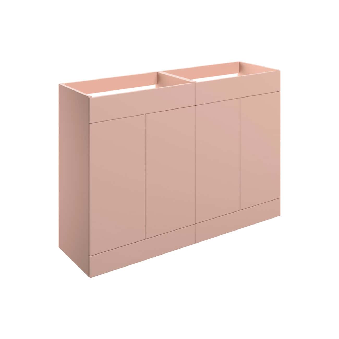 Modern blush pink bathroom vanity unit with sleek minimalist design, ample storage, and soft-close doors, perfect for contemporary bathroom decor.