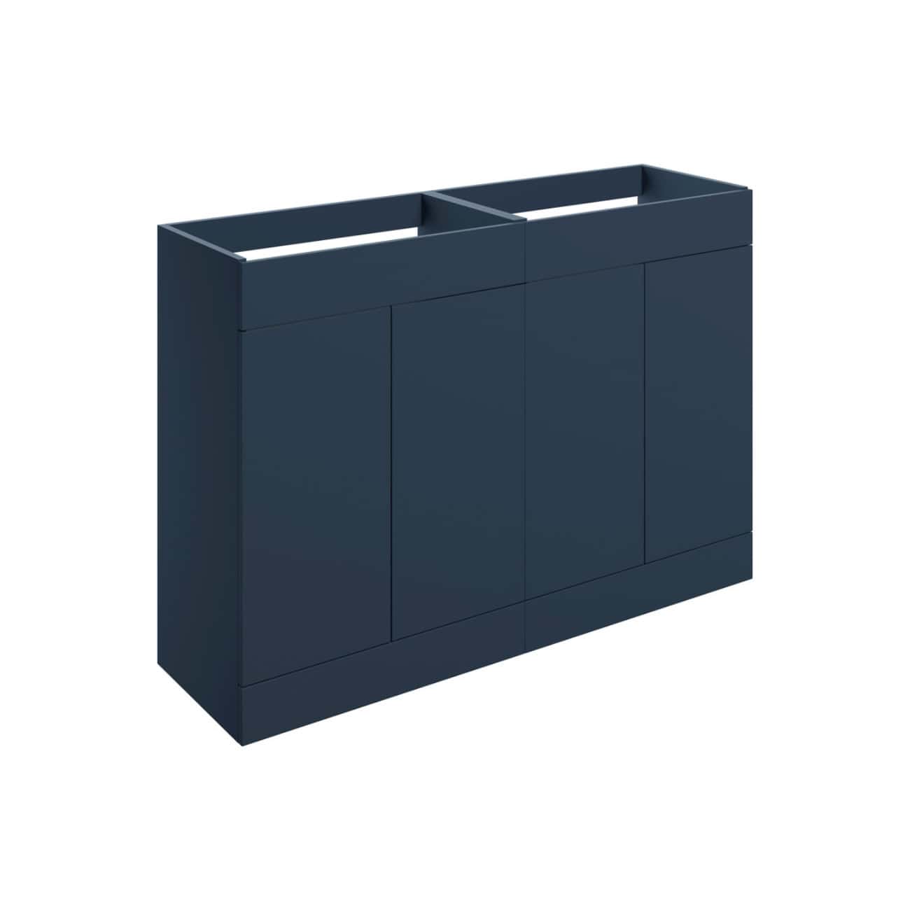 Sleek navy blue bathroom vanity cabinet with three central drawers and two side doors, designed for stylish storage in modern bathrooms. Perfect for contemporary bathroom interiors.