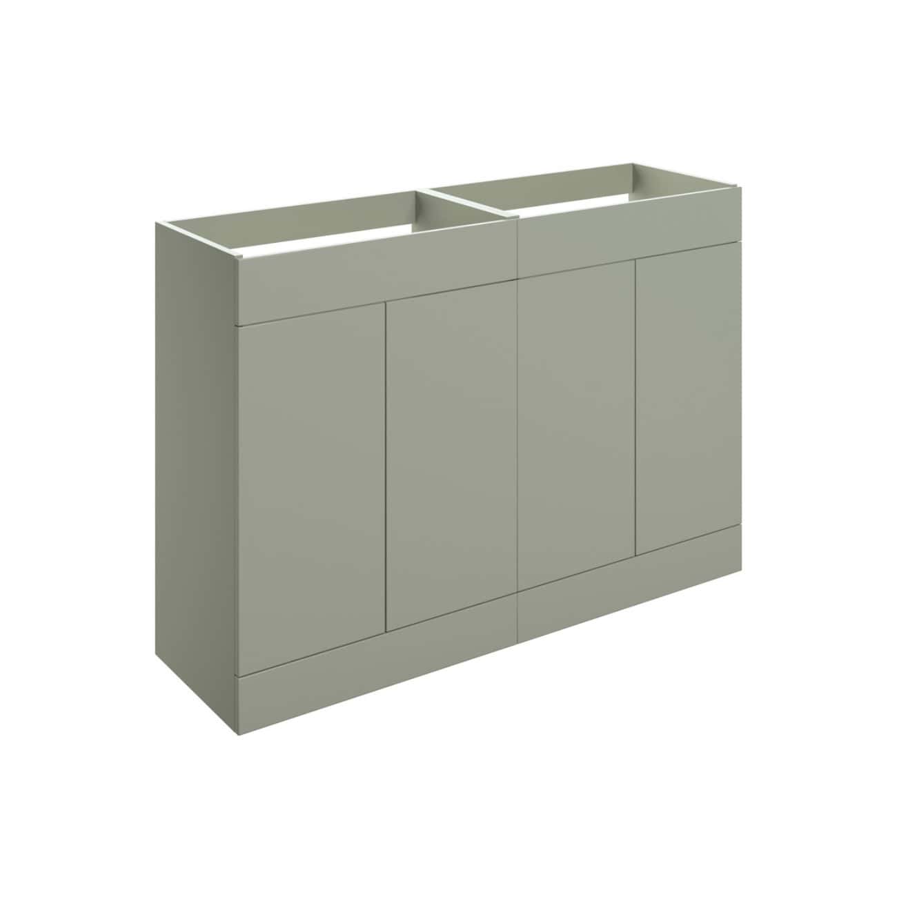 Modern grey bathroom vanity unit with integrated storage and open shelving, ideal for contemporary bathroom decor and organisation. Perfect for organising toiletries and bathroom essentials.