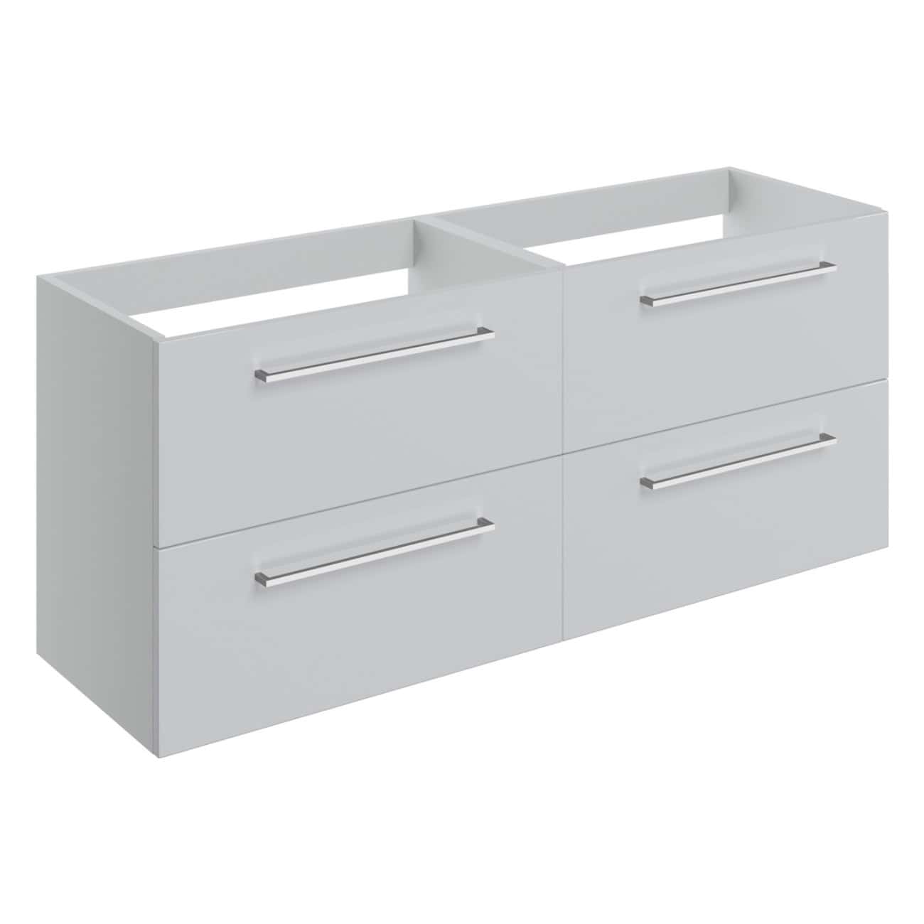 Sleek white four-drawer bathroom vanity unit with modern chrome handles, designed for contemporary bathrooms, offering ample storage and a minimalist aesthetic. Perfect for stylish bathroom organisation.