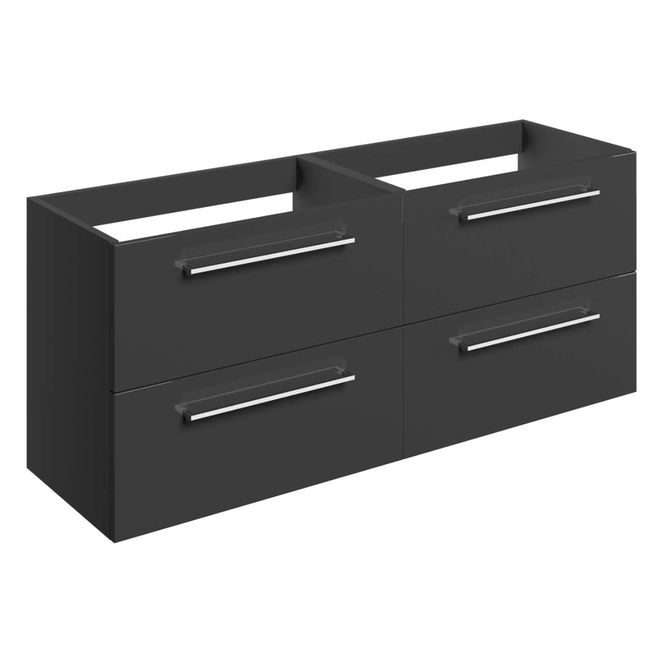 Sleek black bathroom vanity unit with four drawers and chrome handles, ideal for modern bathroom storage and organisation.