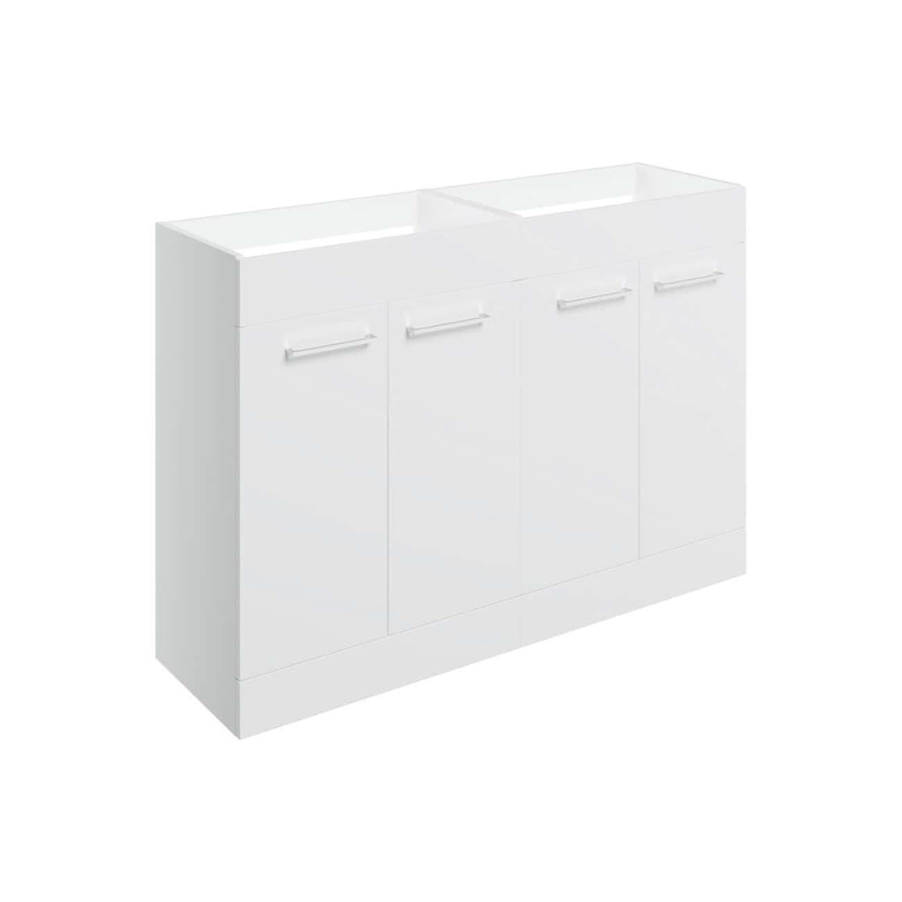 Sleek white bathroom vanity unit with storage cabinets and a minimalistic design, ideal for modern bathrooms. Features multiple drawers and ample space for toiletries and bathroom essentials.