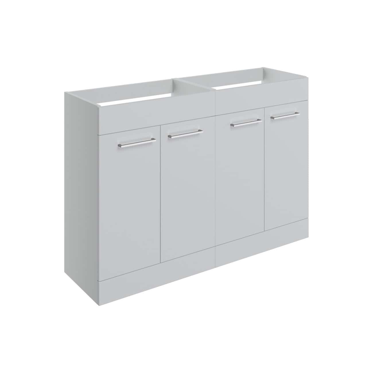 Bright white modern bathroom vanity unit with four storage cabinets and sleek silver handles, ideal for contemporary bathroom décors.