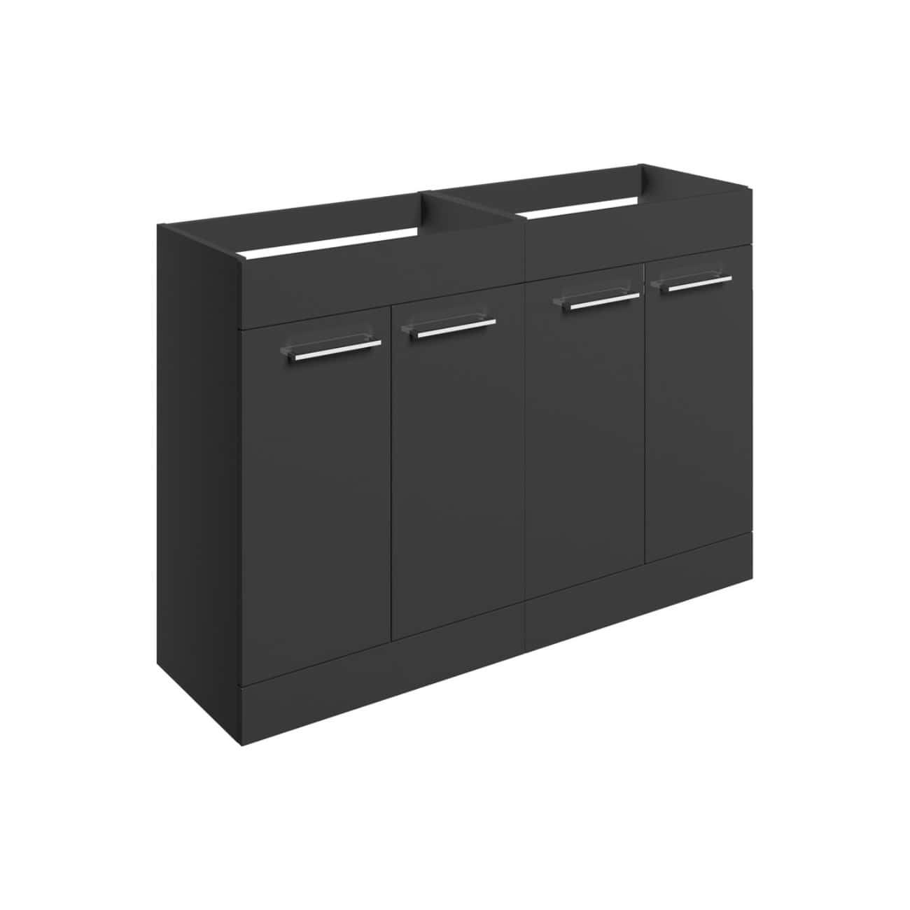 Sleek black bathroom vanity with four cabinet doors and modern silver handles for stylish bathroom storage. Ideal for contemporary bathroom design.