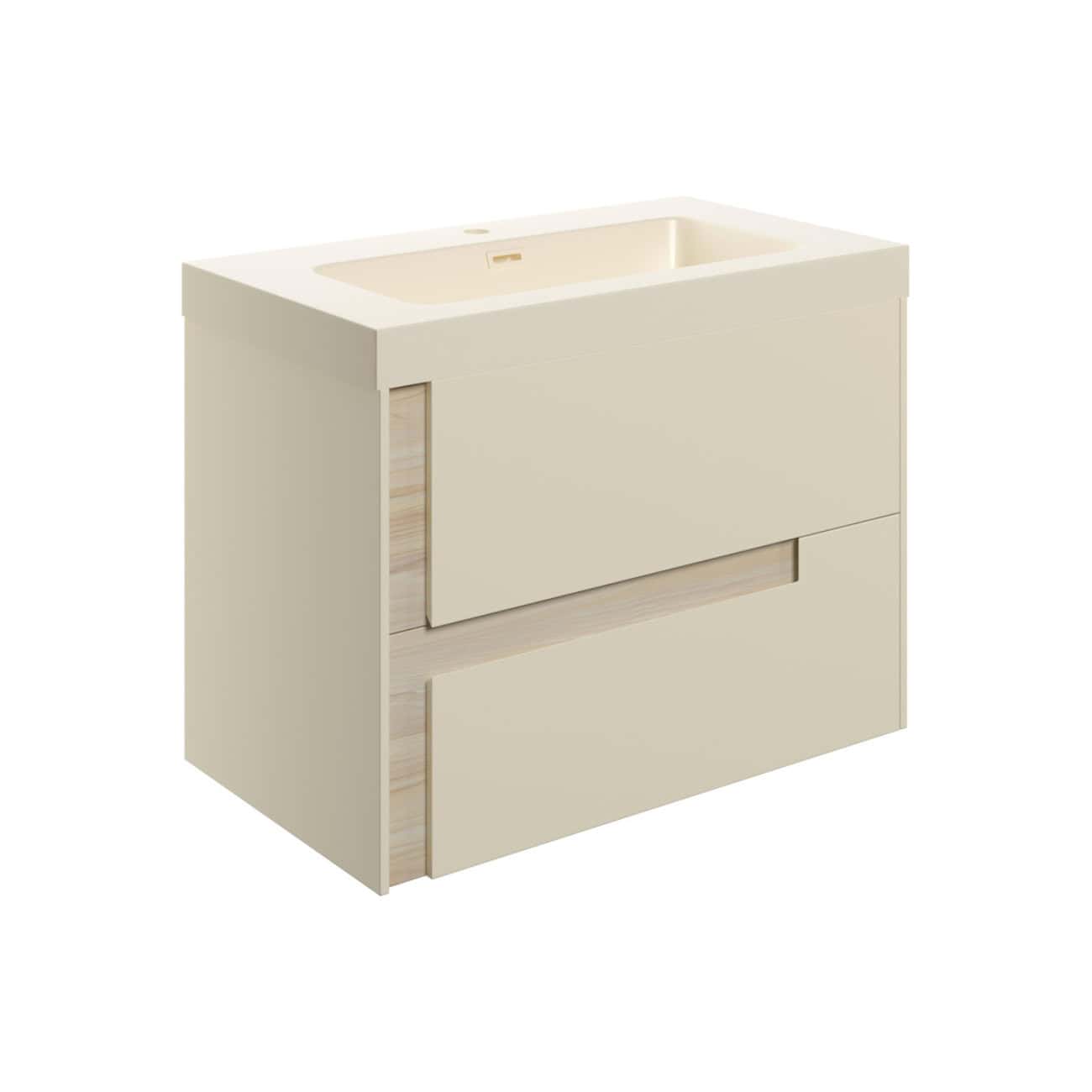 Sleek beige bathroom vanity unit with integrated sink, modern storage drawers, and minimalist design, perfect for contemporary bathrooms. Crafted for style and practicality by Bubly Bathrooms.